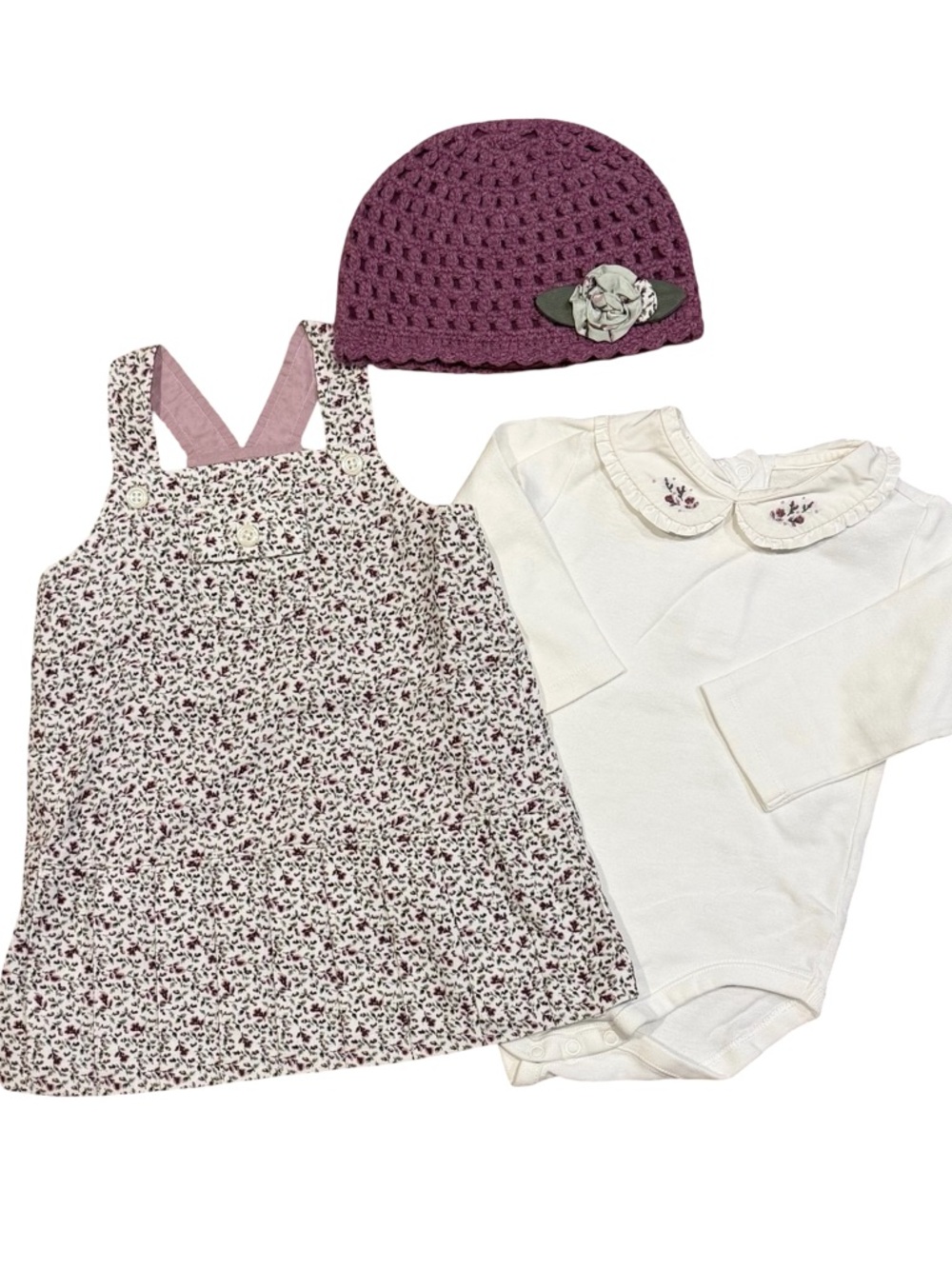 Janie and Jack Lush Berries Corduroy Jumper, Bodysuit, and Plum Knit Hat 6-12 m
